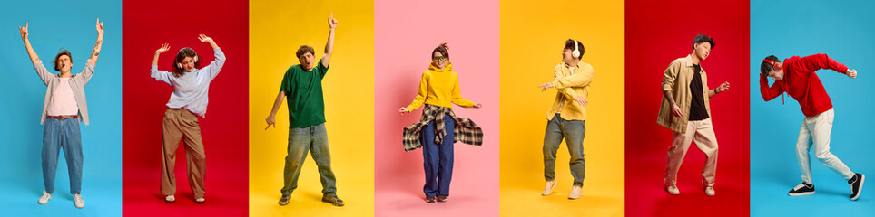 Dance and Self-Expression Collage. Youthful people dancing against colored backgrounds expressing freedom music fashion and movement in energetic poses. Concept of human emotions, joy and fun.