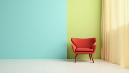 Midcentury Modern. Red modern armchair elegant wooden legs bright mini