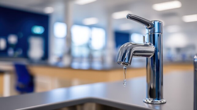 Close-up of a modern faucet with water dripping in a bright, clean laboratory setting