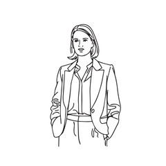 Standing woman in suit vector art – business woman silhouette – business woman vector – business woman doodle – office illustration – business woman line art

