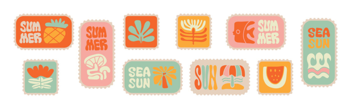 Vintage inspired postage stamp set themed around summer travel and beach vacations. Retro style postal labels with handwritten lettering, depicting seaside tourism and seasonal holiday vibes. Vector.