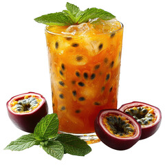 Refreshing passion fruit juice drink with ice and mint summer cocktail beverage recipe idea drink...