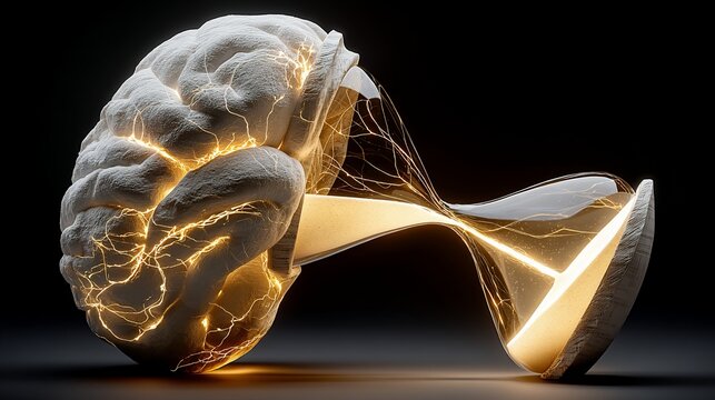 Brain and time hourglass, glowing energy