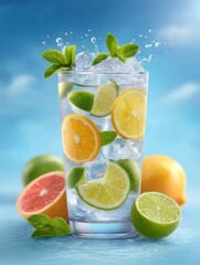 A layered citrus mocktail in a clear tumbler on a pastel blue backdrop under directed studio lighting highlighting sharp texture of ice cubes and fruit slices in stop motion capture