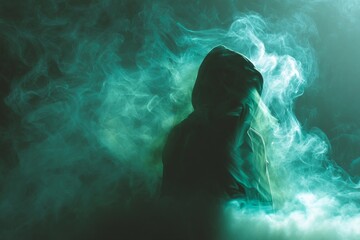 A hooded figure shrouded in a mystical turquoise smoke, creating an atmosphere of mystery and intrigue.