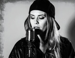 Young caucasian female singing in vintage mic with cap and leather jacket
