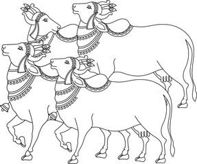 Holy cow in Kalamkari Indian traditional folk art on linen fabrics. It can be used for a coloring book, textile/ fabric prints, a phone case, greeting card. logo, calendar	
