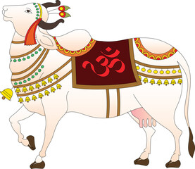 Holy cow in Kalamkari Indian traditional folk art on linen fabrics. It can be used for a coloring book, textile/ fabric prints, a phone case, greeting card. logo, calendar	
