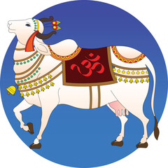 Holy cow in Kalamkari Indian traditional folk art on linen fabrics. It can be used for a coloring book, textile/ fabric prints, a phone case, greeting card. logo, calendar	
