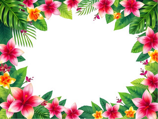 Vibrant Floral Frame PNG, Transparent Bloom Border Arrangement, Botanical Spring Overlay, Colorful Flower Illustration with Hibiscus, Frangipani for Summer Invitation Designs