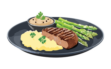 Grilled Steak mushroom sauce serving with Mashed Potato and Asparagus - Vector Illustration