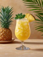 A tropical mocktail in a stemmed glass on a pale yellow table under high key studio lighting showing glossy pineapple wedge and mint leaves in precise stop motion detail