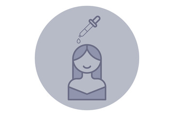 Simple beauty icon of smiling character with long hair. Dropper releasing serum above character. Skincare routine focusing on hydration and care concept