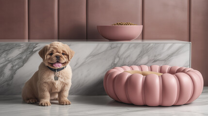 Cozy pet comfort scene with cute puppy in a stylish collar, luxurious bed and food bowl