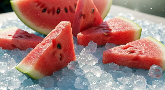 A close up of watermelon slices arranged on a bed of ice cubes creating a refreshing summer treat view