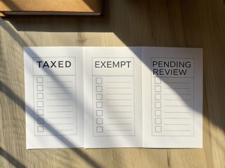 Tariffs and regulation define trade agreements concept. Organizational checklist with sections for taxed, exempt, and pending review items.