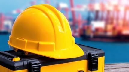 Bright yellow hard hat resting on a toolbox with shipping containers in the background