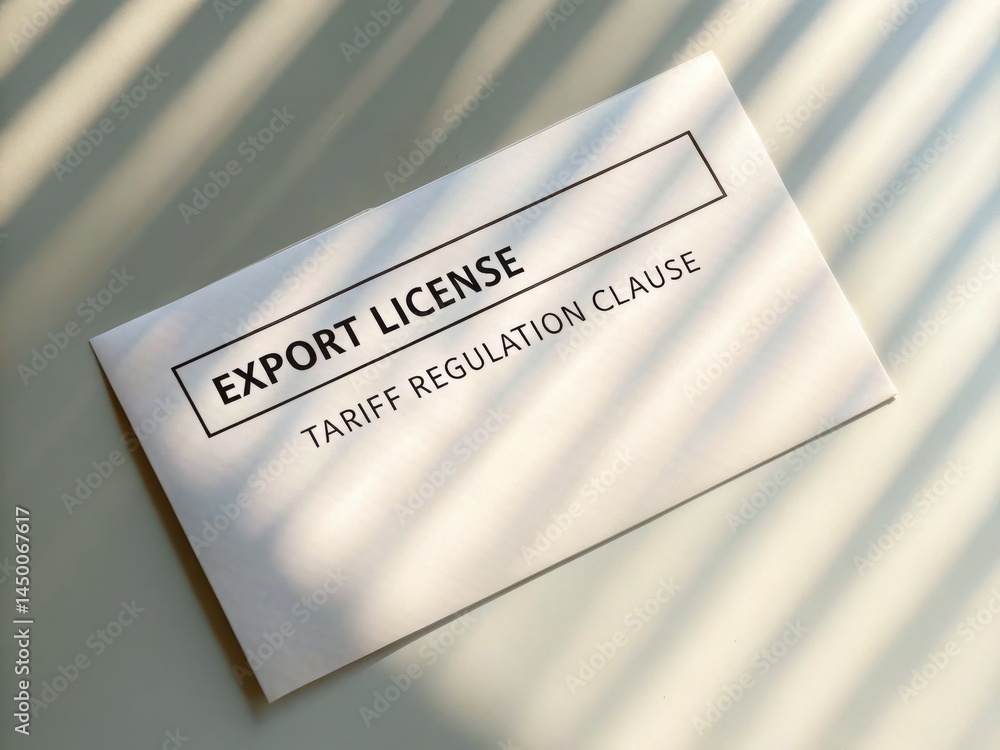 Poster tariffs and regulation define trade agreements concept. export license document with shadows creatin