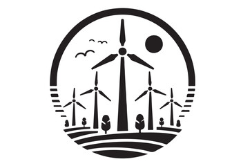 Wind power logo silhouette black vector, black wind turbine logo icon silhouette, wind power black silhouette of eco-friendly wind turbines silhouette vector on white background 