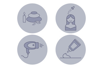 Collection of minimalistic icons representing beauty themes. Including stones, candle, woman with dropper, hair dryer, and styling gel