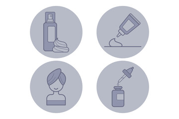 Collection of four beauty icons with spray bottle, cream, hair design, and dropper. Skincare and cosmetic routines concept