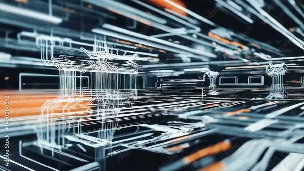 Poster abstract visualization of a digital tunnel or corridor with futuristic lines and glow effects, creat