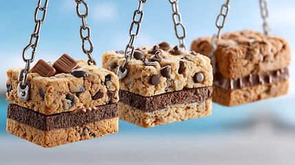Obraz premium Delicious Chocolate Chip Cookie Bars Hanging on Chains Sweet Treats Dessert Photography
