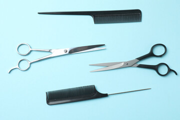 Scissors for hairdressing and hairdressing accessories in the hairdressing salon, Professional tools for haircuts in the hairdressing salon. The concept of a hairdresser