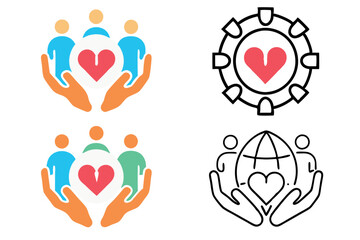 Blood Donor Day line art icon set illustrating hands supporting a glowing heart shaped blood drop, symbolizing the life saving impact of blood donation