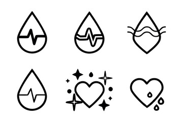 Blood Donor Day line art icon set with a heartbeat line that flows into a blood drop, representing vitality and the life saving impact of donating blood