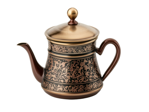 Elegant copper teapot with intricate floral design for tea lovers, cut out