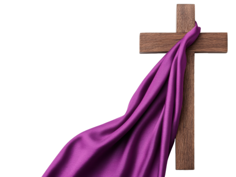 Elegant wooden cross draped with purple fabric for Lent reflection, cut out