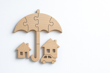 Wooden umbrella puzzle with house and car shapes symbolizes life health and insurance protection for family and property security concept