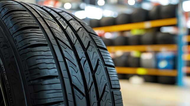 Close-up view of a tire in a well-lit tire shop showcasing various tires on shelves in the background