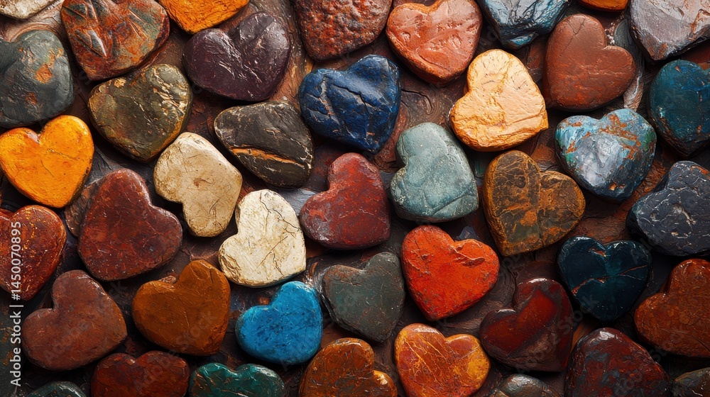 Poster colorful heart-shaped stones arranged artistically on a textured background creating a visually appe
