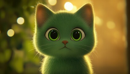  Cute Green Cartoon Cat with Big Eyes 