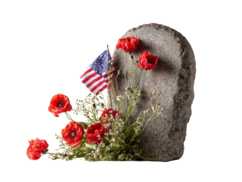 Memorial tribute with flowers and flag for honoring heroes, cut out - Powered by Adobe