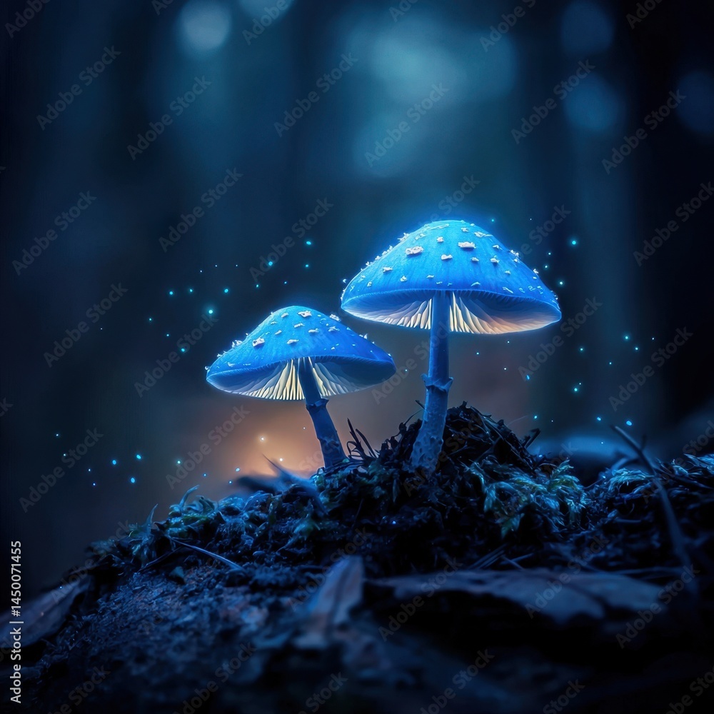 Poster glowing mushrooms illuminate a mystical forest at twilight, creating an enchanting atmosphere surrou