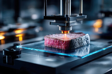 High-tech 3d printed meat steak on machine platform. 3D Printed Meat Production Process. Concept for advanced food technology, future food concept.  