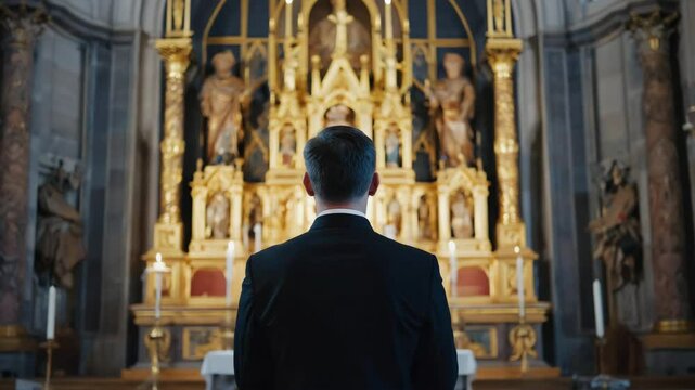 A devoted catholic priest in black cassock stands before a gilded high altar inside a grand cathedral. Concept of solemn liturgy and timeless reverence in sacred tradition.