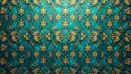 Geometric teal and gold intricate tile pattern, endless loop, complex, texture