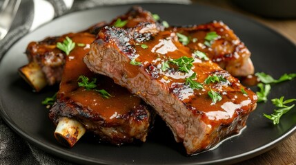 Grilled steak served with savory sauce and garnished with fresh parsley on a dark plate