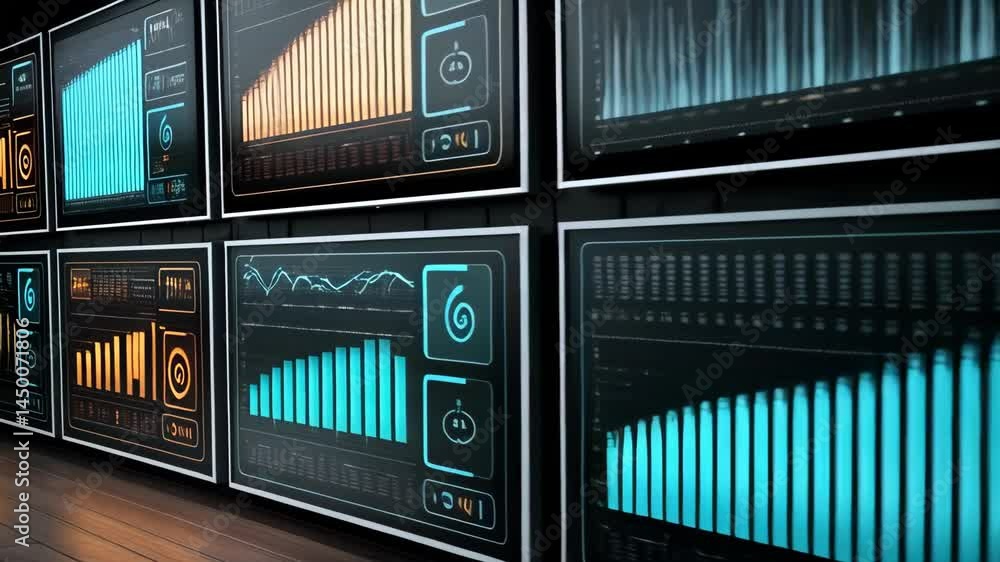 Poster display screens showcase various stock market analysis charts and graphics in a dark room for data p
