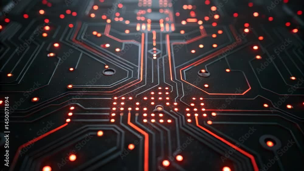 Poster dark circuit board featuring neon cracks and red error signals, perfect for tech-themed visuals or d