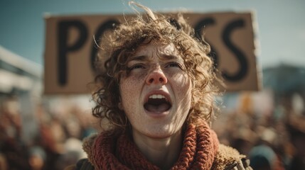 Determined female vegan activist holding protest sign with inspirational message in background during march for change