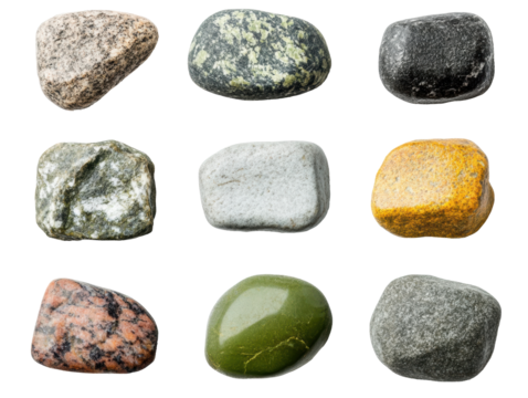 Variety of natural stones arranged in a grid pattern for design use, cut out