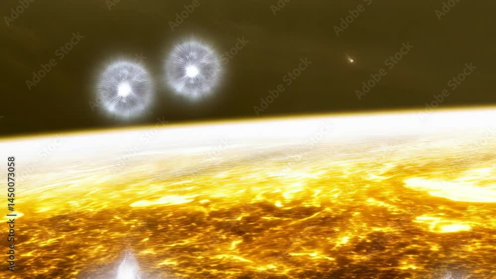 Poster futuristic glowing yellow landscape with exploding light bursts and energy rays, conceptual abstract