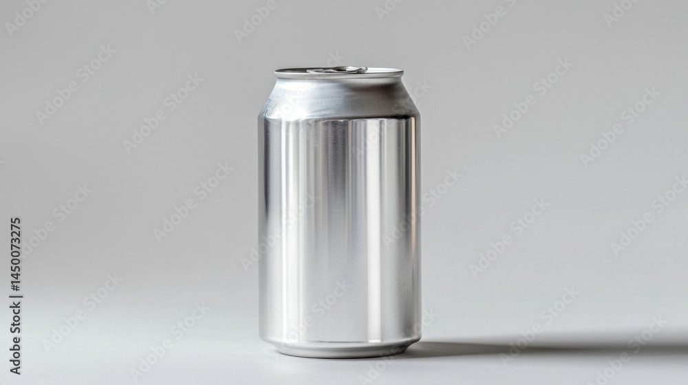 Poster silver can stands alone on a smooth surface against a plain background highlighting its sleek design