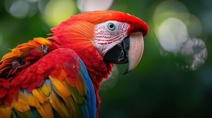 Fototapeta premium Scarlet macaw perched against a lush green background with vibrant colors in vivid detail during a bright daylight setting