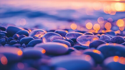 Colorful pebbles glimmer under the sunset light by the shore